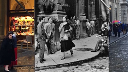 1940s black and white image of a woman running to a man overlaid in center of a photo of the same location in the  present day