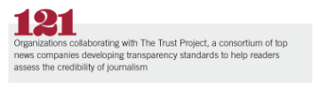 121 organizations collaborating with The Trust Project, a consortium of top news companies developing transparency standards to help readers assess the credibility of journalism