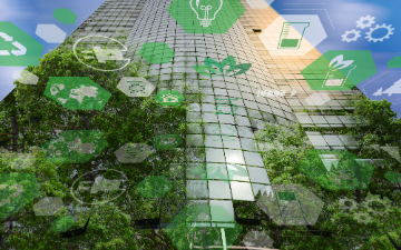 Skyscraper building overlayed with environmental symbols and green trees. image link to story