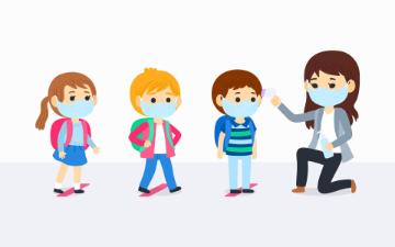 illustration of children wearing face masks lined up to get hand sanitizer from teacher image link to story