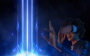 Woman using VR goggles interacting with the metaverse. image link to story