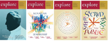 Four Explore magazine covers featuring colorful abstract designs and illustrations.