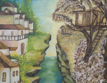 Two contrasting sides of a river, one modern and one ancient.