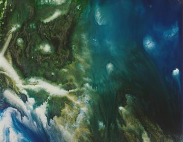 Abstract painting with green, blue, and white colors, titled Stewart-freygood1.