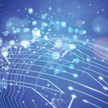 Abstract digital network with blue and white glowing nodes and lines.