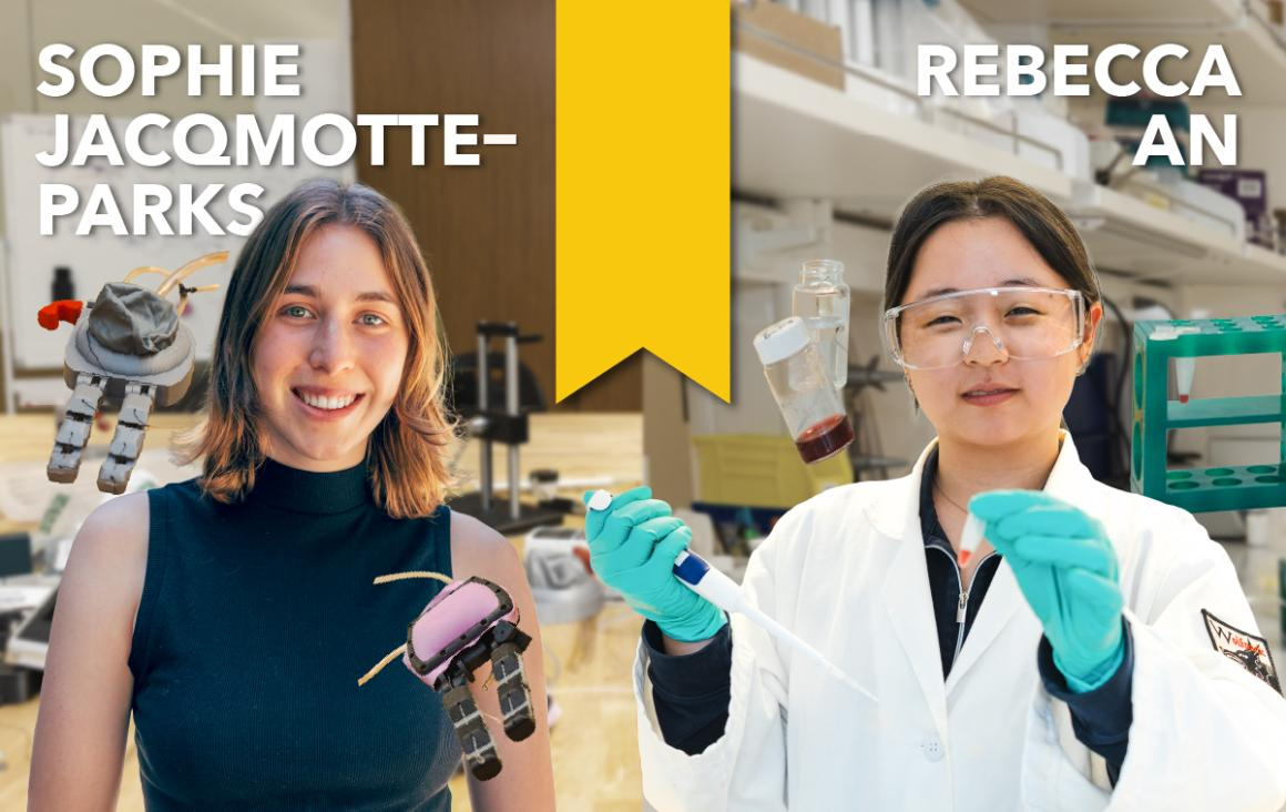 Composite image of two female students - one with a lab coat and pipette, the other with a prosthetic hand she's designing
