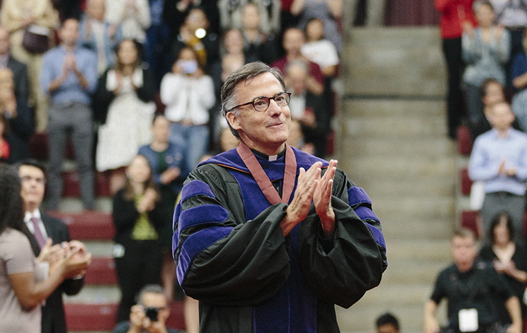 President Kevin O'Brien greets the crowd at his Inauguration image link to story