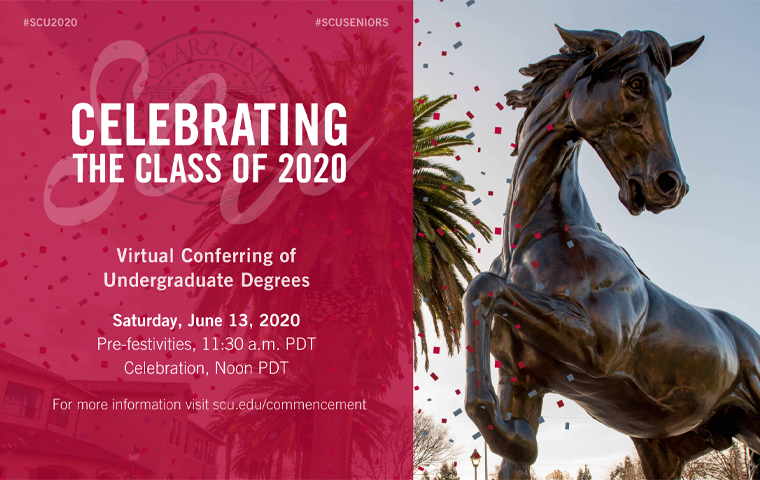 Bronco statue and text announcing Celebrating Class of 2020