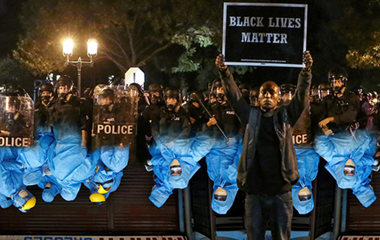 Graphic photo mixing Black Lives Matter and Doctors in blue garb 