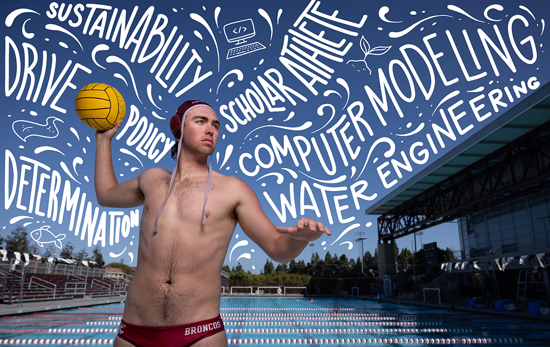 Cody Ferguson in water polo attire, standing next to pool at SCU with word art illustration in the blue sky above reading (from left): determination, drive policy, sustainability, scholar athlete, computer modeling, water engineering. There are also illustrations of fish, rivers/streams, a computer, and a plant sprout in the sky.