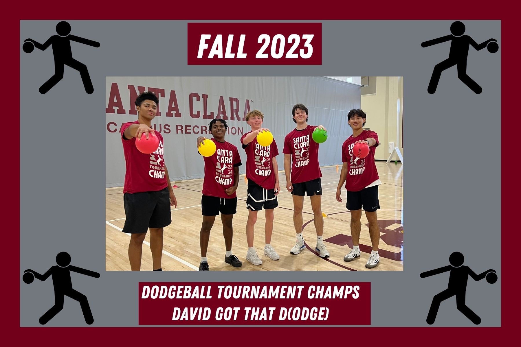 Photo of IM Dodgeball champs, David got that Dodge, posing with their IM Champ t shirts and holding dodgeballs towards the camera