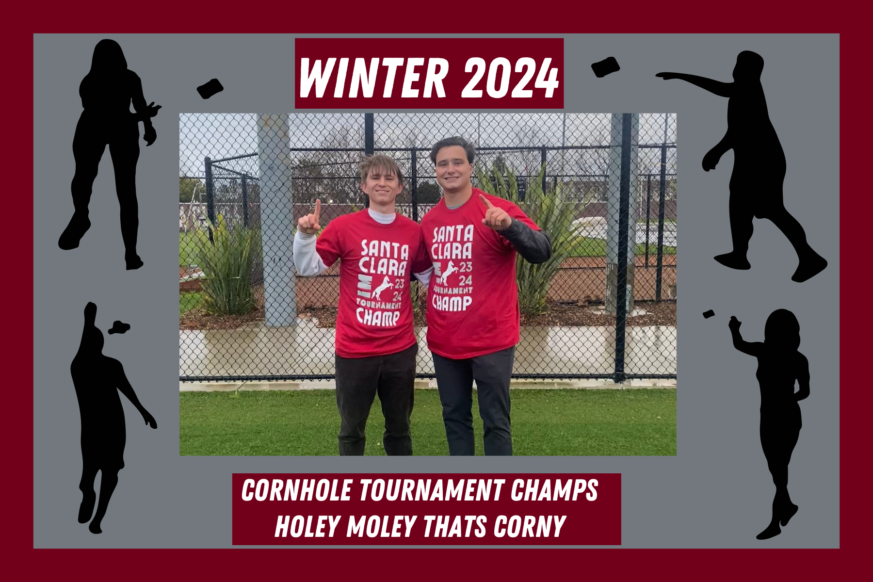 Cornhole tournament champs, Holey Moley, posing in their IM tournament champ t shirts on Bellomy Field.