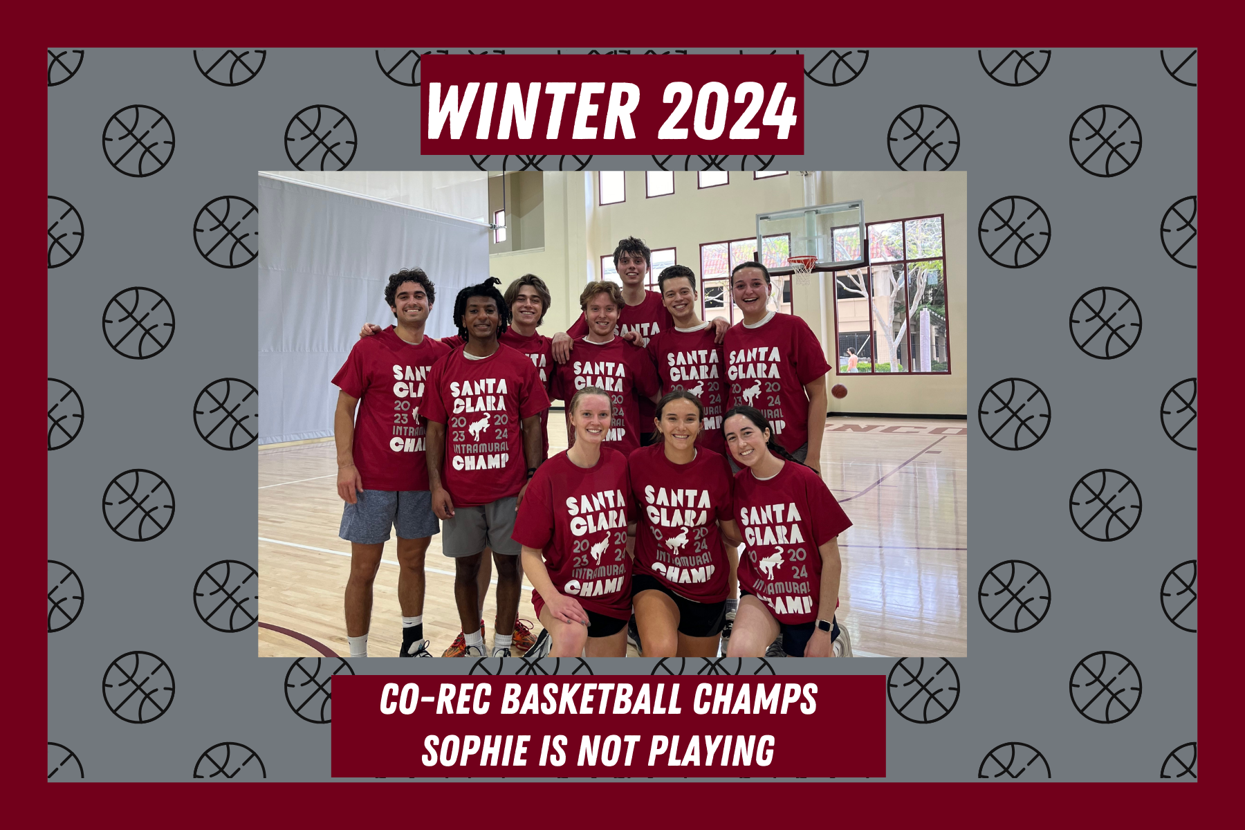 Picture of Co-Rec basketball champions with their IM Champion T Shirts in the Malley Center basketball courts.