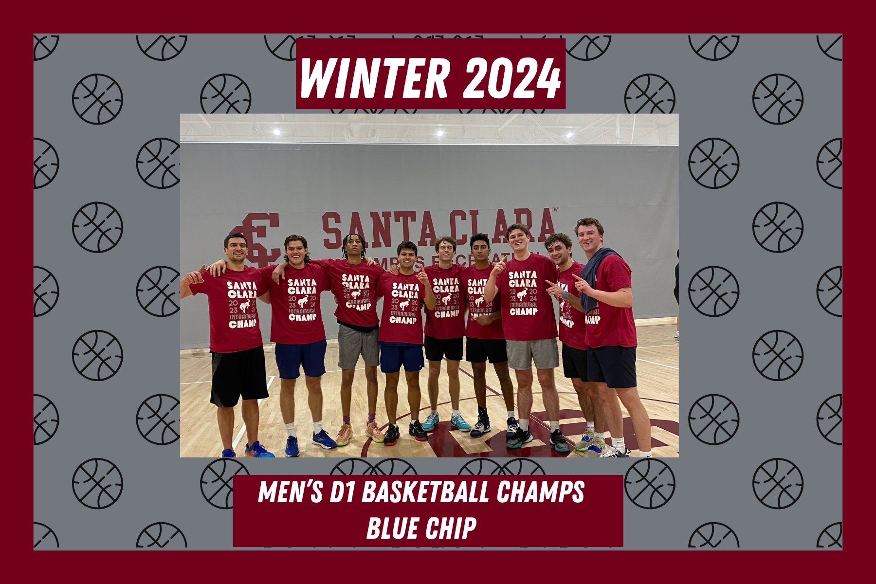 Photo of D1 Men's IM Basketball champions, Blue Chip, posing on the courts in the Malley Center with their IM Champ t shirts.