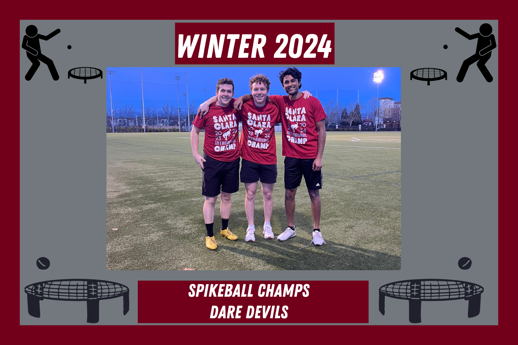 Photo of IM Spikeball Champs, Dare Devils, posing with their intramural championship t-shirts.