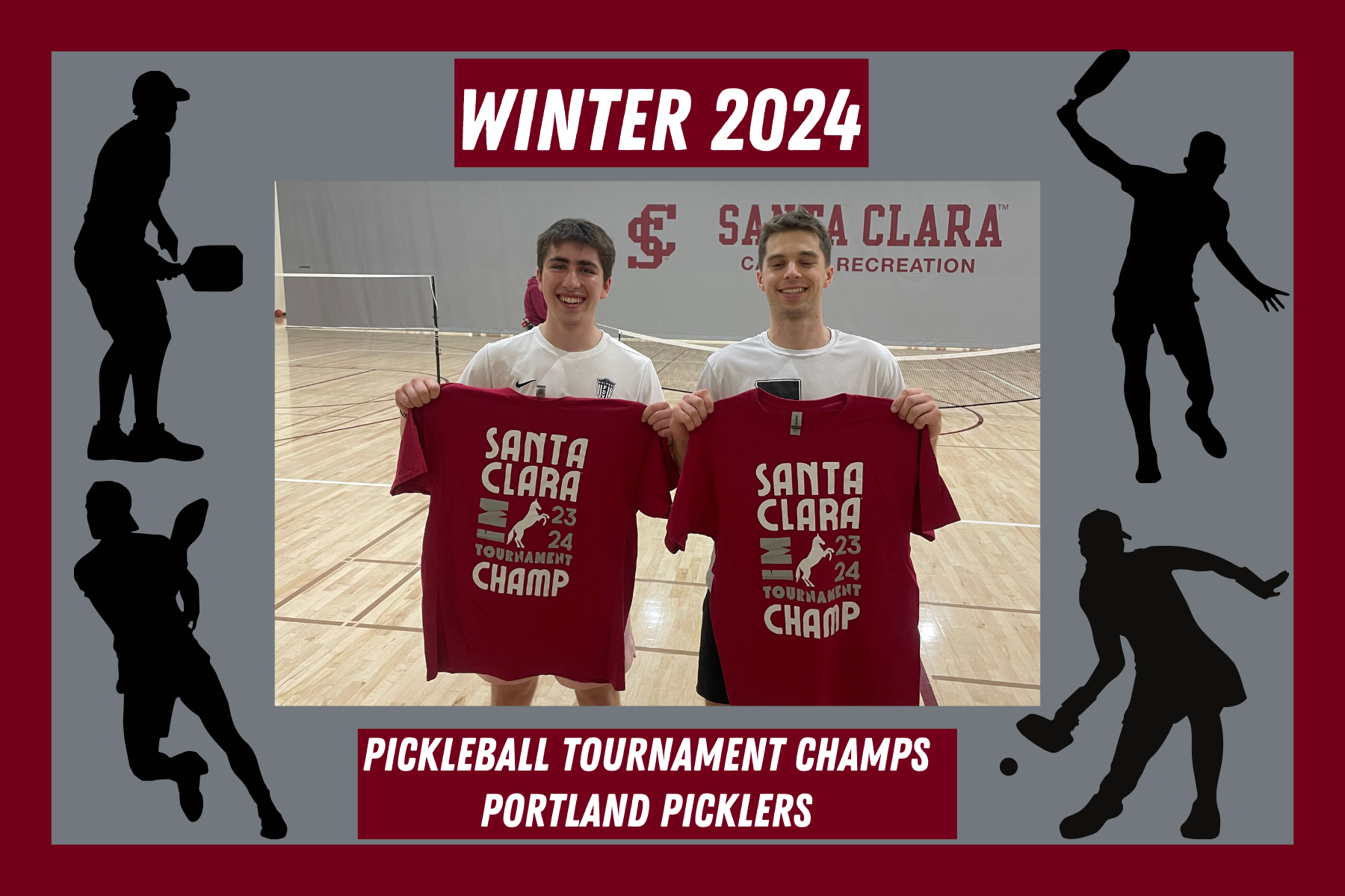 Photo of Pickleball tournament winners, the Portland Picklers, posing with their Tournament champion t shirts.