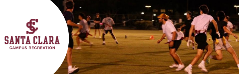 Image shows the Campus Rec logo in the left corner and an intramural flag football game in the rest of the image.