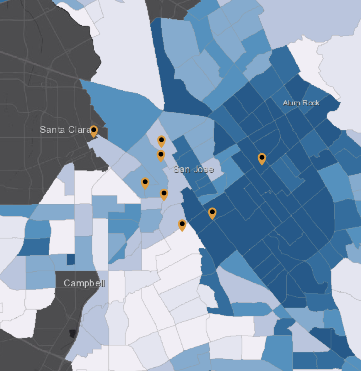 A zoomed in GIS map showing data layers and pins over the South Bay Area.