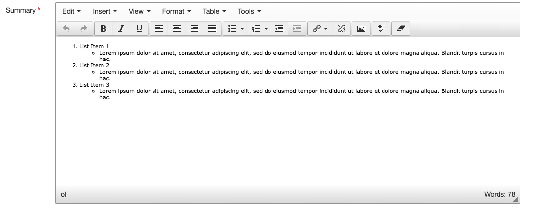 screenshot of ordered list formatting in the text editor
