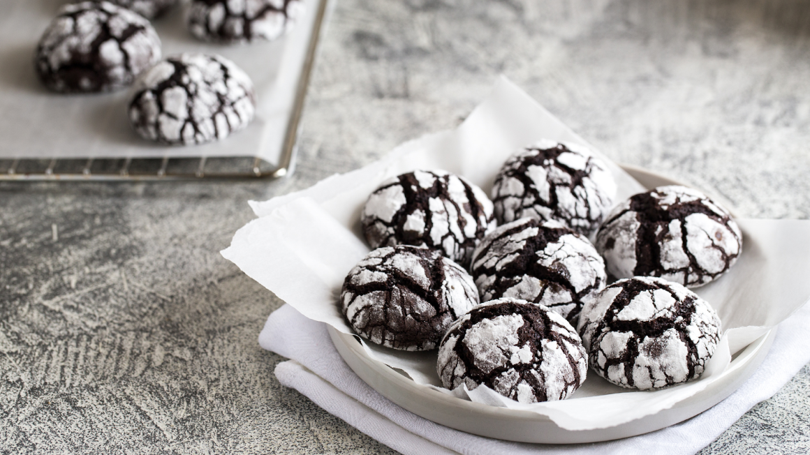 Double chocolate crinkle cookies on a plate