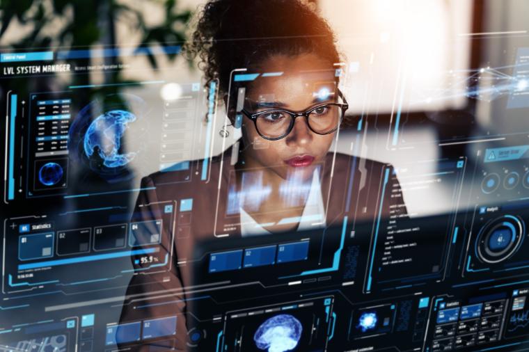 Student analyzing on a computer with visual overlay