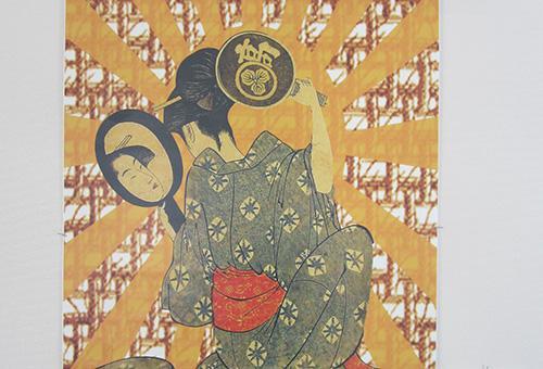 A Klimt-style painting of a cloaked figure on a patterned gold background.