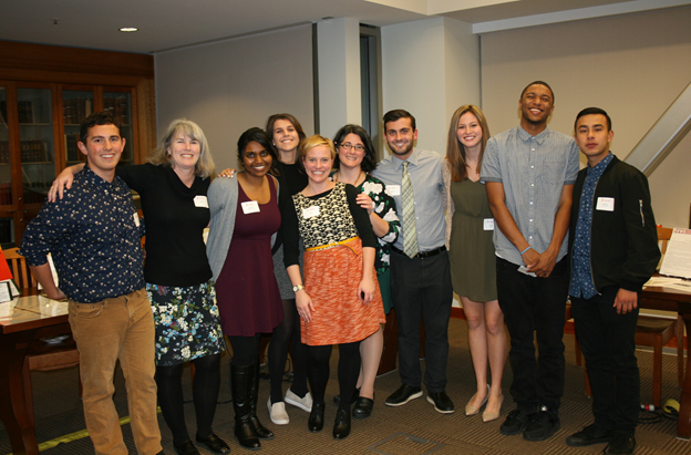 Students and library staff join Dr. Amy Lueck to celebrate their digital humanities presentations. Pictured (from left): Jack Moore, Sheila Conway, Sai Panneerselvam, Drea Modugno, Amy Lueck, Nadia Nasr, Anthony Hopkins, Cindy Stella, Hasan Meshack and Andrew Hernandez.