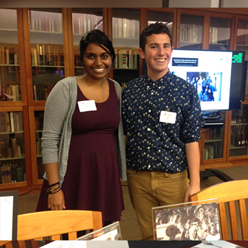 Students Sai Panneerselvam and Jack Moore explain their digital humanities project they created in SCU’s Special Collections and Archives.