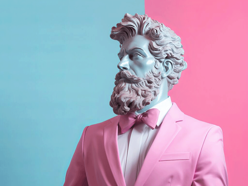 Fashionable Ancient Greek Male Marble Statue, Suit And Bow Tie, With Beard. Pastel Colors, Pink And Blue. Minimal Humorous Concept Of Art, Modern Philosophy, Democracy, Historical Fiction. Copy Space