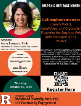 Digital flyer for the Hispanic Heritage Month Keynote address by Dr. Anna Sampaio at the Rutgers-Camden campus, New Jersey