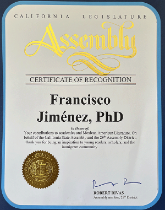 Award certificate for Francisco Jiménez from the California Legislature Assembly