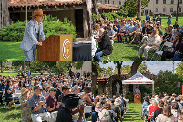 Collage of four images: Dean Press addressing the College and three crowd shots.