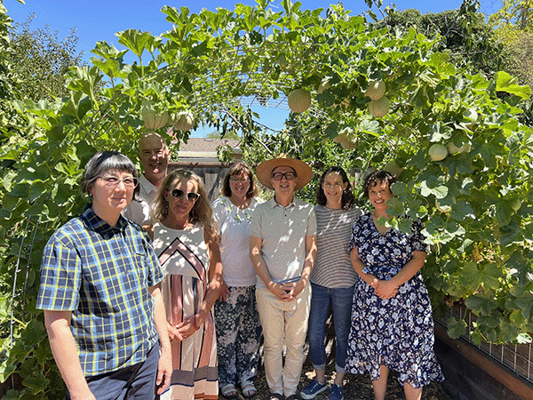 Kathy Aoki, John Birmingham, Alison Lucas, Kathleen Schneider, Daniel Press, Kat Saxton, Maggie Hunter in Daniel's garden.