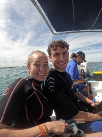 Max Johnston '24 and Annaliese Bunchman '25 share a smile after swimming with whale sharks in La Paz Bay, Baja California Sur.
