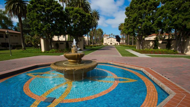 The Abby Sobrato Fountain in the foreground with Mission Santa Clara behind
