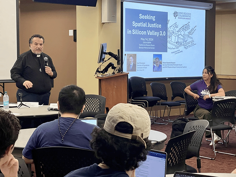 Pastor Gerardo Vazquez of San Jose First United Methodist Church discussed the needs of a diverse community of Latinx immigrants in downtown San Jose with SCU students.