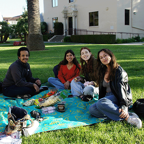 Four students sit on the grass outside Varsi Hall