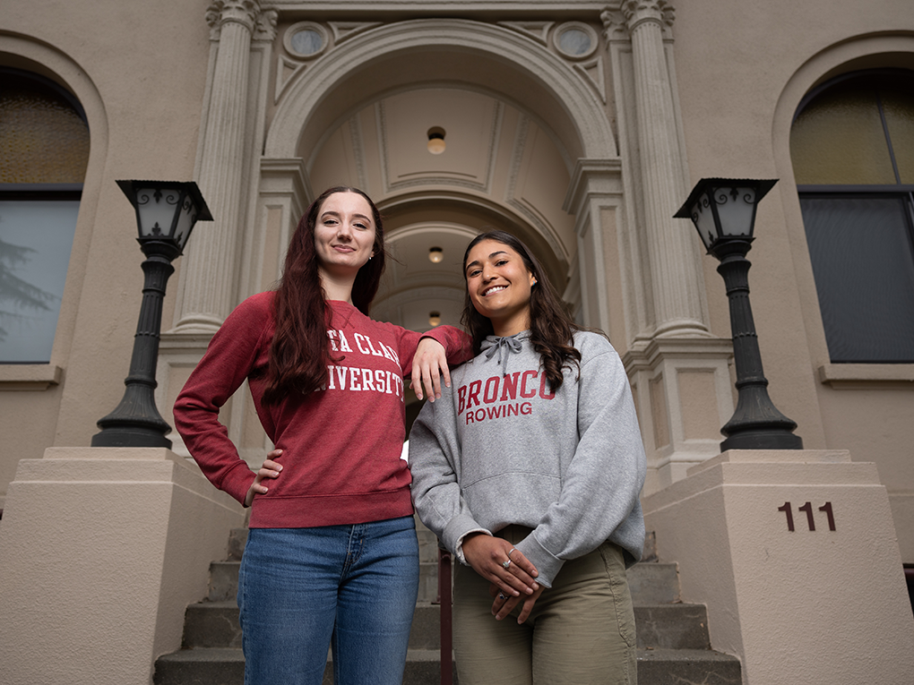  Emily Pachoud '23 and Ana Martinez '23 have been researching disability accessibility in climate disaster planning in SCU's O'Connor Hall. Photo by Jim Gensheimer.