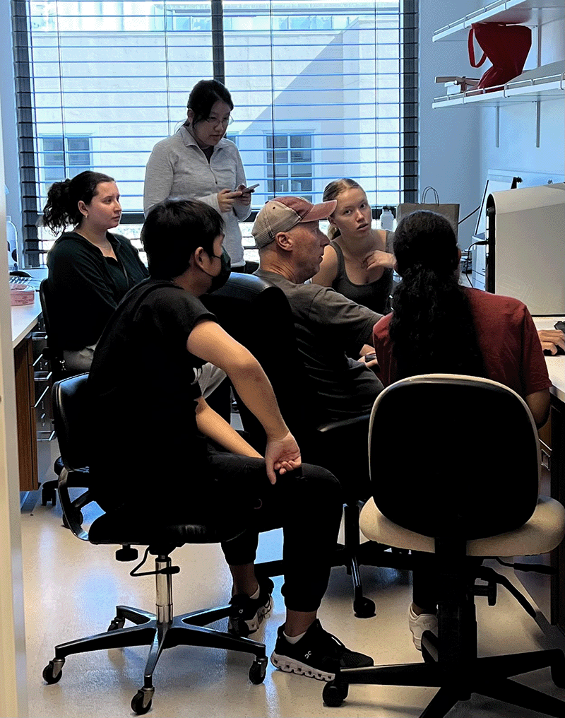 Professor Craig Stephens and students in lab.