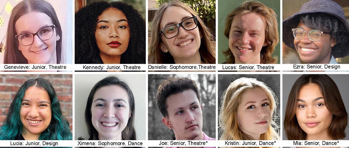 Collage of SCU Theatre and Dance student headshots with fist names, year and focus