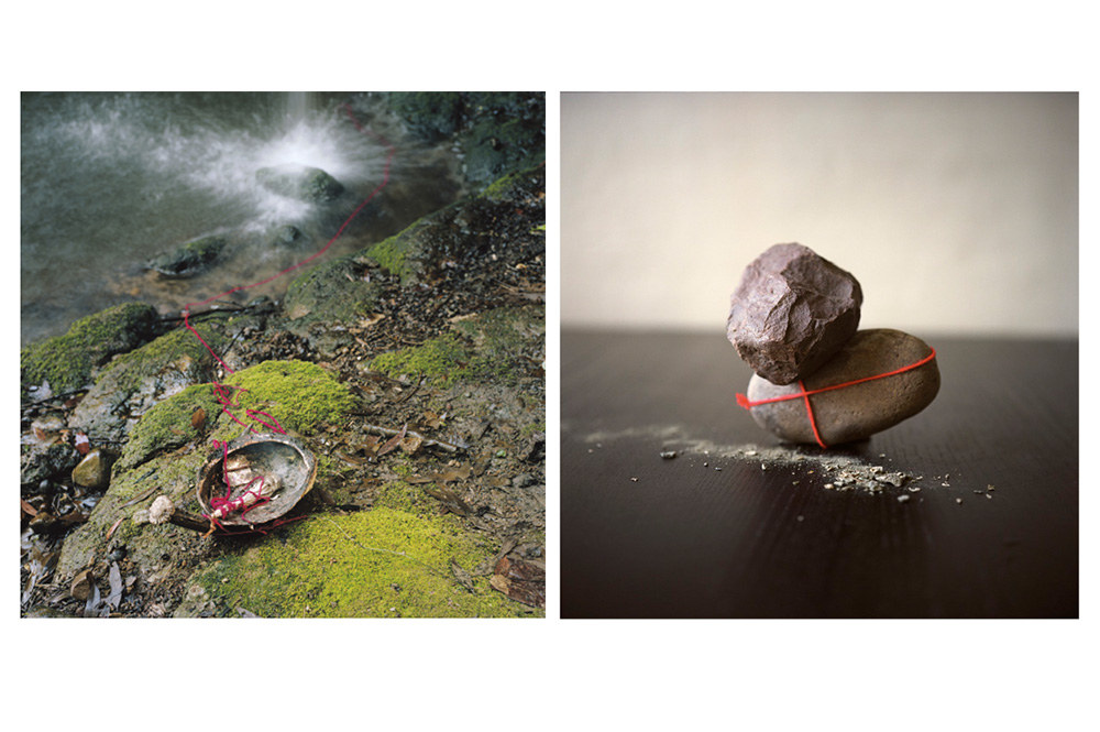 two photographic work one featuring an abalone shell on moss rocks with sage and red thread the second photo showing stacked rocks on a dark surface with salt and red thread wrapped around one of the rocks