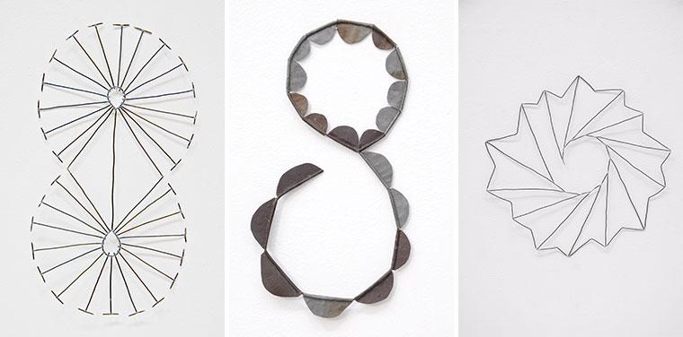 Three wall hanging sculptural objects designed by Mari Andrews.