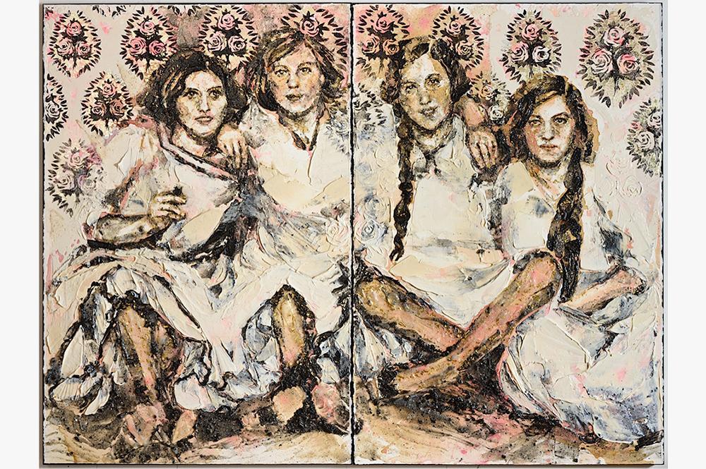 Painting of four seated women with their arms around each other's shoulders. Painted from historical photograph.