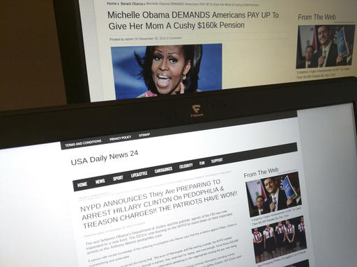 Stories from USA Daily News 24, a fake news site registered in Veles, Macedonia. (AP Photo/Raphael Satter)​