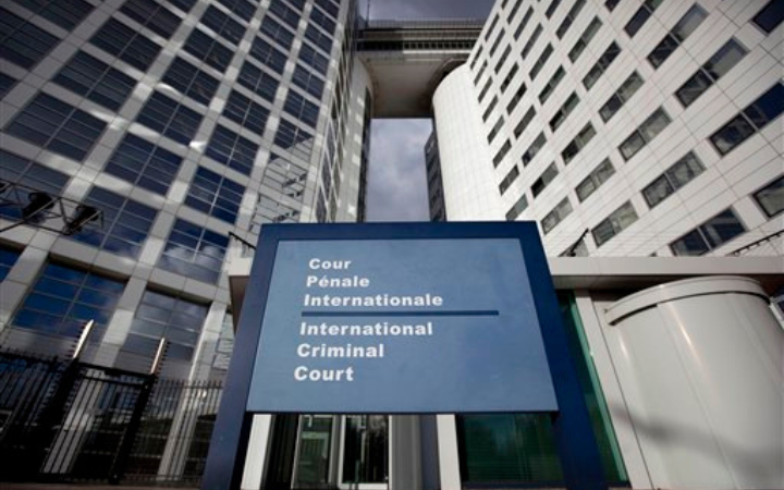 A sign outside of the International Criminal Court.