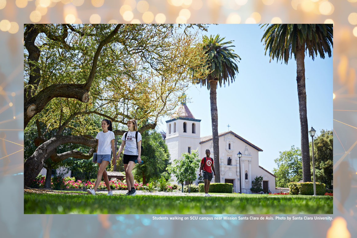 Students walking on SCU campus near Mission Santa Clara de Asís. Photo by Santa Clara University.