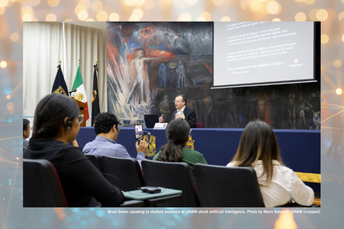 Brian Green speaking to student audience at UNAM about artificial intelligence. Photo by Mario Valencia_UNAM (cropped).