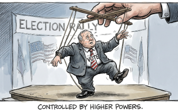 Voter at election rally shown attached to strings and being controlled like a puppet by a hand from above Image created by Nicole using AI via Gemini