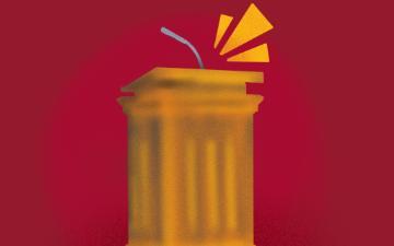 Illustration of an brownish-orange speech podium with microphone against a red backdrop.