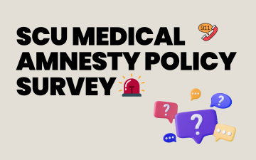 SCU Medical Amnesty Policy Survey. Drawings depicting an ambulance siren, 911 telephone, and question marks. 